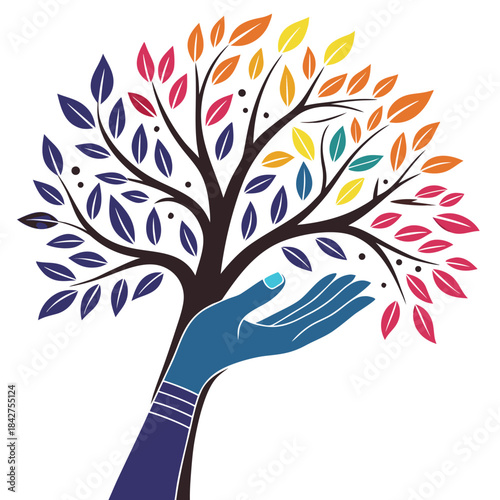 Vector illustration colorful tree with rainbow leaves and hand symbolizing growth and harmony in nature