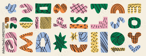 Set abstract forms cute creative shapes with doodle lines, wobble blob shape organic, liquid form, hand drawn. Suitable for stickers, logos, posters, packaging and printable projects.