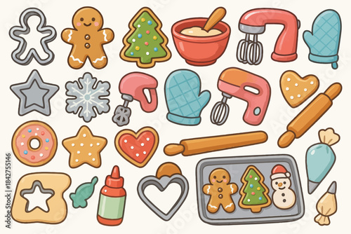 Colorful cookie baking tools and decorative holiday treats