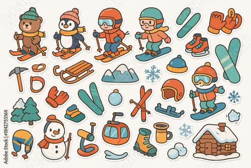 Winter sports adventure stickers with animals and gear
