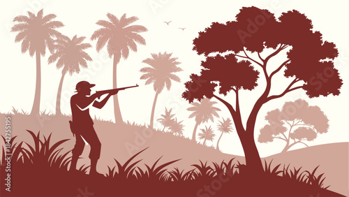 Vector illustration silhouette of a man hunting in a tropical forest with palm trees and grass