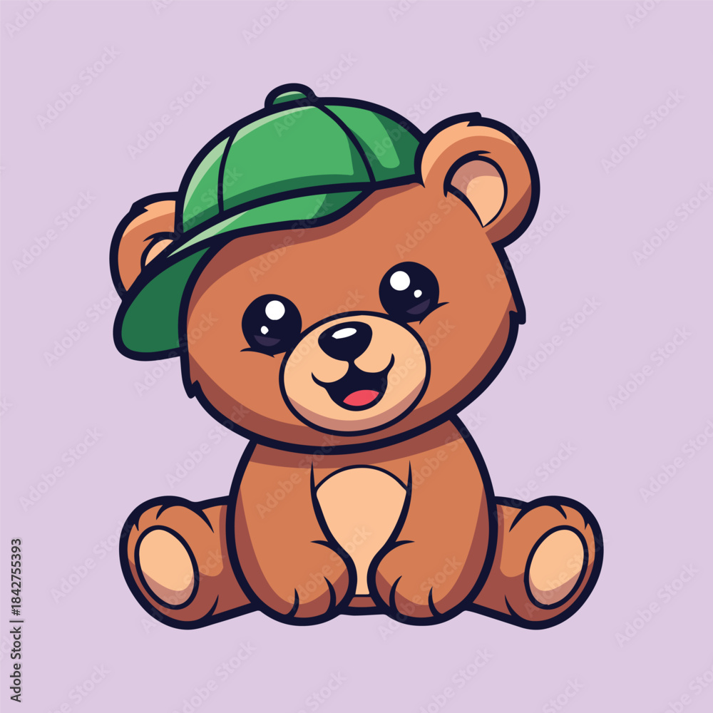 Fototapeta premium Cute teddy bear with green cap cartoon illustration