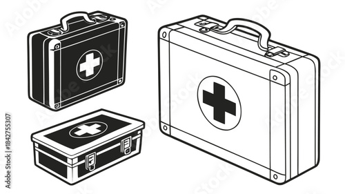 Vector illustration three different first aid kits with cross symbol on