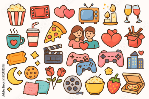 Colorful doodle collection: movie night, snacks, gaming, and romance with diverse activities