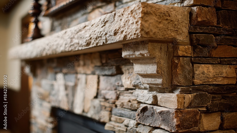 Obraz premium Medium shot of a stone fireplace mantel replacement featuring textured natural stone highlighting its rustic charm and durable aesthetic for cozy living spaces.