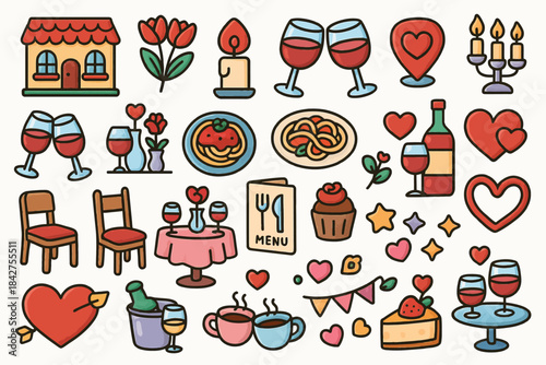 Colorful romantic doodles featuring wine, hearts, and flowers