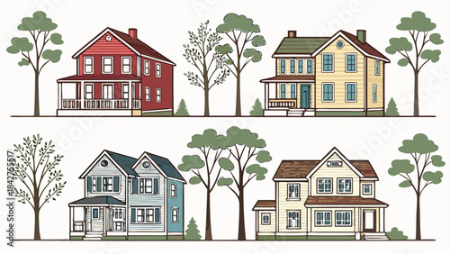 Vector illustration colorful illustration of four houses with trees on a in a suburban neighborhood setting