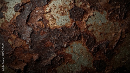 Close-up of rusted, corroded metal surface with flaky textures and reddish-brown colors.