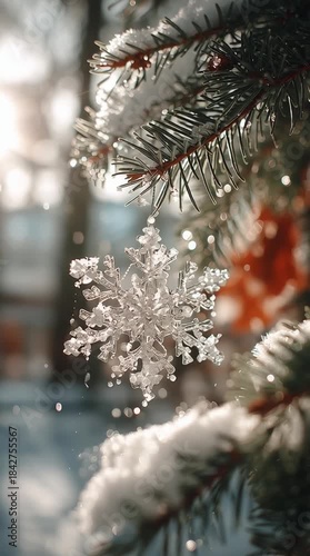 Close-up of a snow-covered ornament hanging on a pine branch, crystal snowflakes sparkling in natural sunlight.