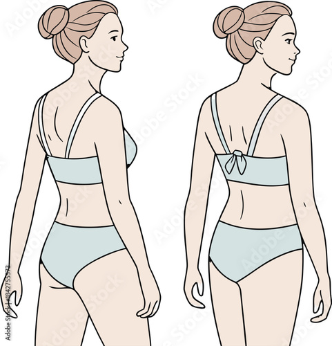 Vector illustration woman wearing blue lingerie set from back and side view