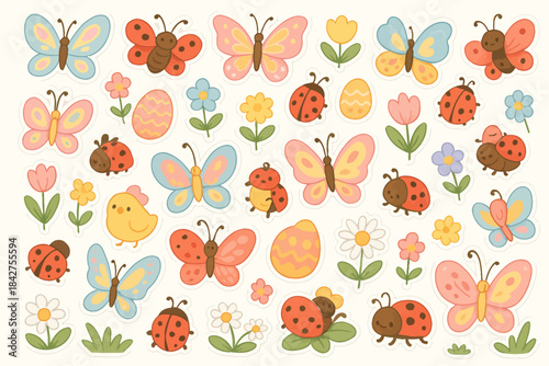 Colorful cartoon insects and flowers with easter eggs and baby chick illustration