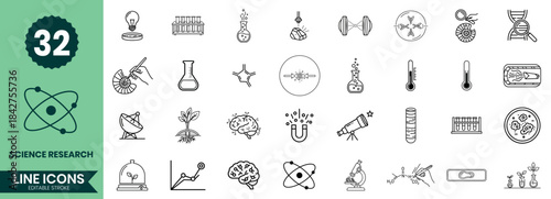 Science Research Line Icons Set Laboratory, Chemistry, Biology, Physics, Experiment & Outline Icon Pack