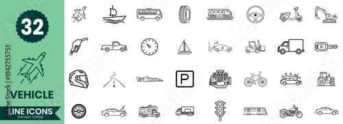 Vehicle Line Icons Set Transport, Traffic, Cars, Bikes, Ships, Public Transport Pack