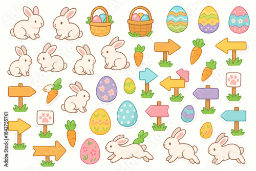 Cute easter bunny stickers with eggs, carrots, and colorful arrows