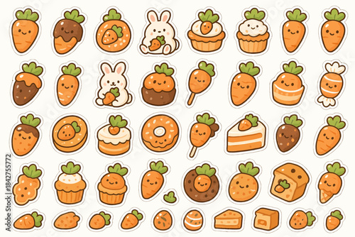 Cute kawaii carrot sweets and bunnies collection with adorable faces