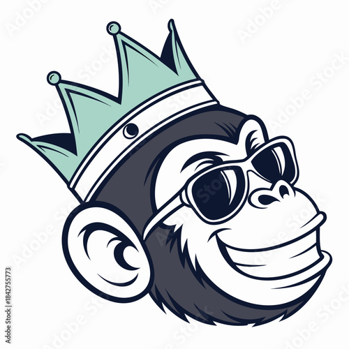 Vector illustration a cartoon monkey wearing a crown and sunglasses smiling on isolated