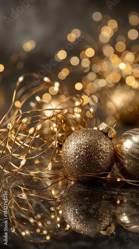 Golden Christmas ornaments and sparkling decorative lights arranged on a reflective surface, elegant studio-style composition.