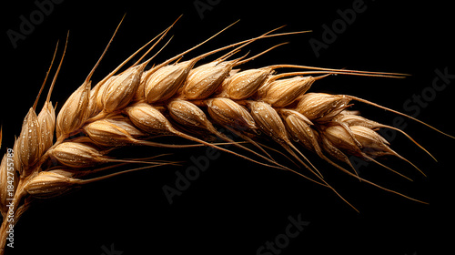 A close-up of dried golden wheat ears.
