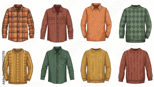 Collection of various mens long-sleeved shirts and sweaters in different colors and patterns.