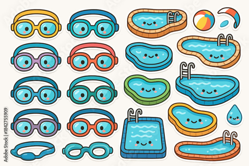 Colorful cartoon swimming pool and goggles stickers with cute faces