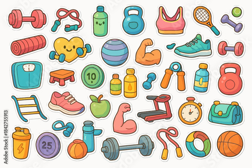 Colorful cartoon fitness equipment stickers with weights, shoes, and accessories