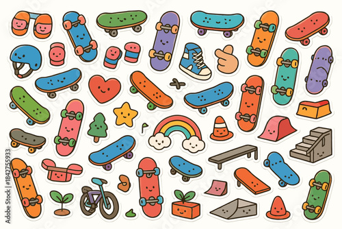 Colorful cartoon skateboard stickers with helmets, shoes, and ramps