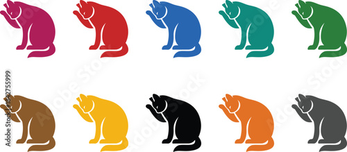 Colored cat silhouettes washing feline design, Multicolor cat grooming icon collection