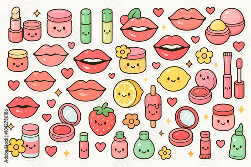 Cute kawaii cosmetics and fruits pattern with smiling faces and lipstick designs