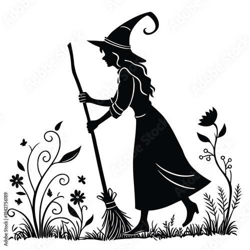 Vector illustration black silhouette of a witch in a garden sweeping with a broom