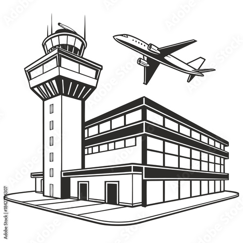Vector illustration air traffic control tower and airplane flying overhead in black and white illustration