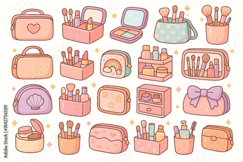 Cute pastel makeup bag collection with brushes and cosmetic accessories