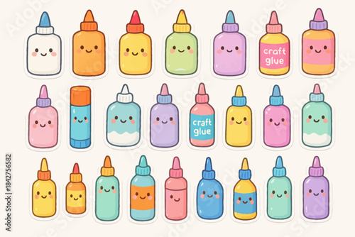 Cute kawaii craft glue bottle stickers with faces in various colors
