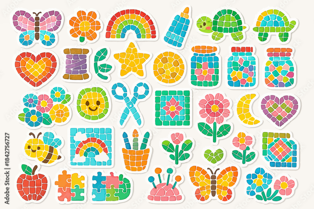 Fototapeta premium Colorful mosaic stickers with butterflies, flowers, and cute animals