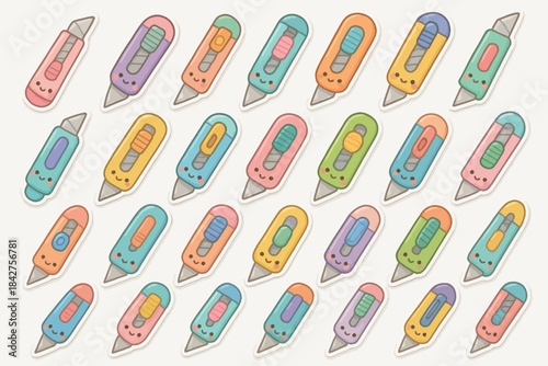 Colorful cartoon utility knives with smiling faces in pastel tones