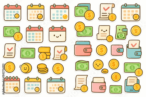 Cute cartoon financial and calendar icon collection with currency and wallets
