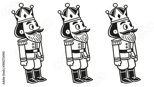 Vector illustration three cartoonish nutcracker soldiers in a row with crowns and uniforms