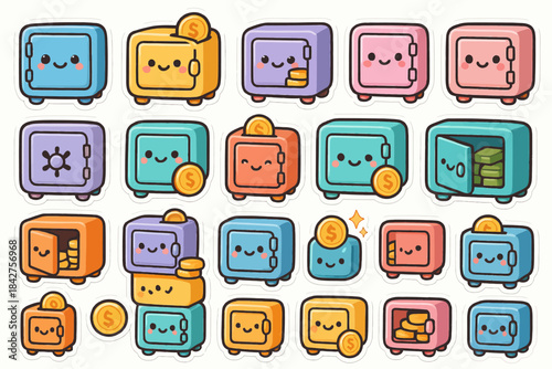 Colorful cartoon safes with smiling faces and coins