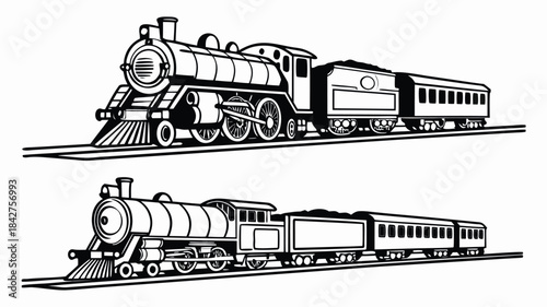 Vector illustration black and white illustration of vintage steam trains with passenger cars on tracks