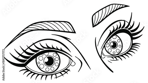 Vector illustration a black and white illustration of a womans eyes with long eyelashes and decorative contacts