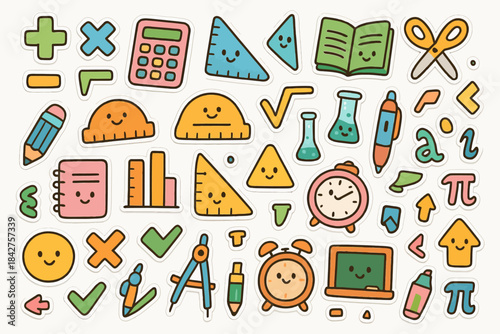 Colorful educational stickers with cute faces and mathematical tools