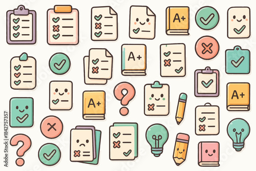 Cute educational icons featuring checklists, grades, and question marks
