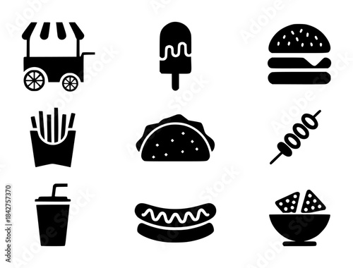 Black and white line of various popular street food drink