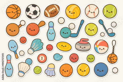 Cute kawaii sports stickers collection with smiling balls and equipment