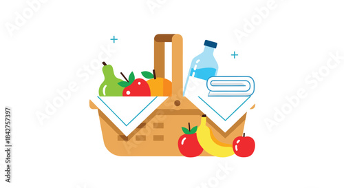 A brightly colored flat design illustration of a picnic basket brimming with healthy snacks, refreshing drinks, and a towel for a fun outdoor excursion.