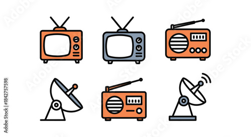 A collection of retro media icons featuring vintage televisions, portable radios, and satellite dishes in a colorful flat line art style.