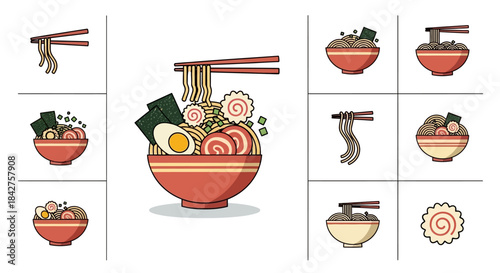 A colorful vector icon set of Japanese ramen noodle soup bowls with various toppings and chopsticks.