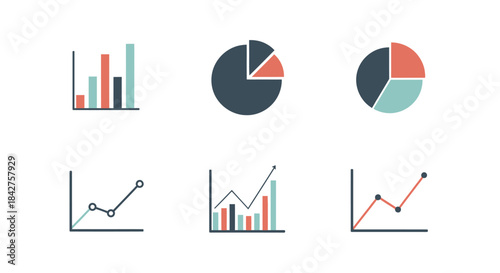 A collection of six colorful flat design data charts, including bar, pie, and line graphs for business analytics.