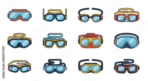 A colorful collection of twelve hand-drawn protective goggles for swimming, skiing, and diving.