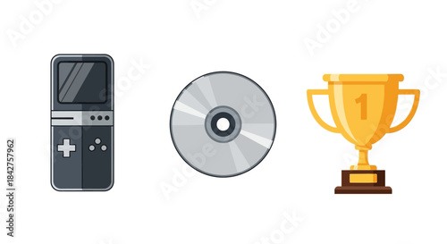 A collection of gaming icons - a retro handheld console, a silver compact disc, and a first-place gold trophy.