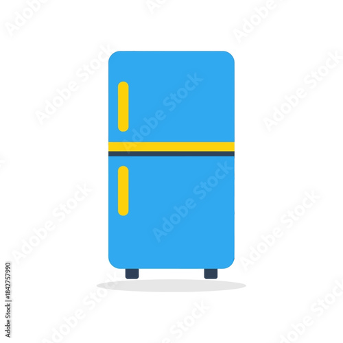 A blue two-door refrigerator with yellow handles and stripe in a flat vector style.